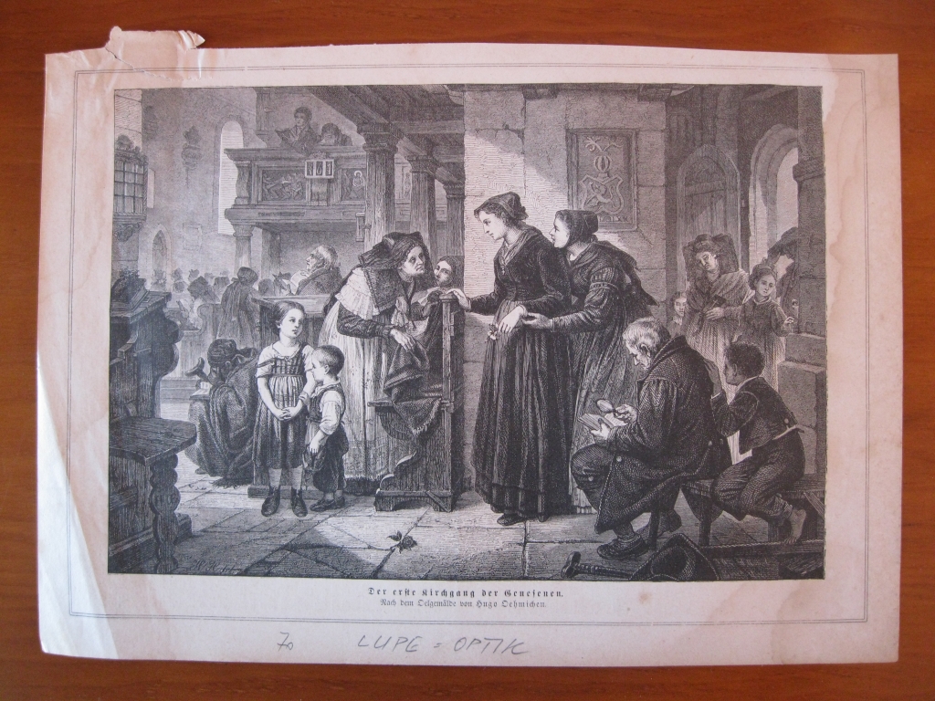 Escena religiosa dentro de una iglesia alemana, 1870